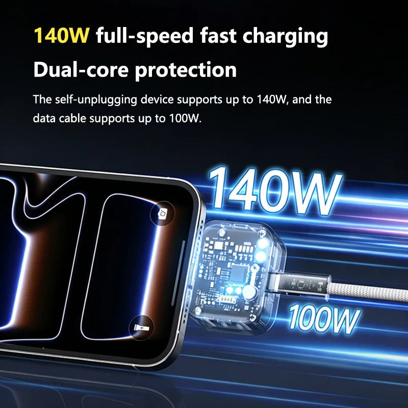 140W USB C Auto Disconnect Charger Adapter For Safe Overnight Charging Smart Auto Stop Charging Full Charge Self-Cut