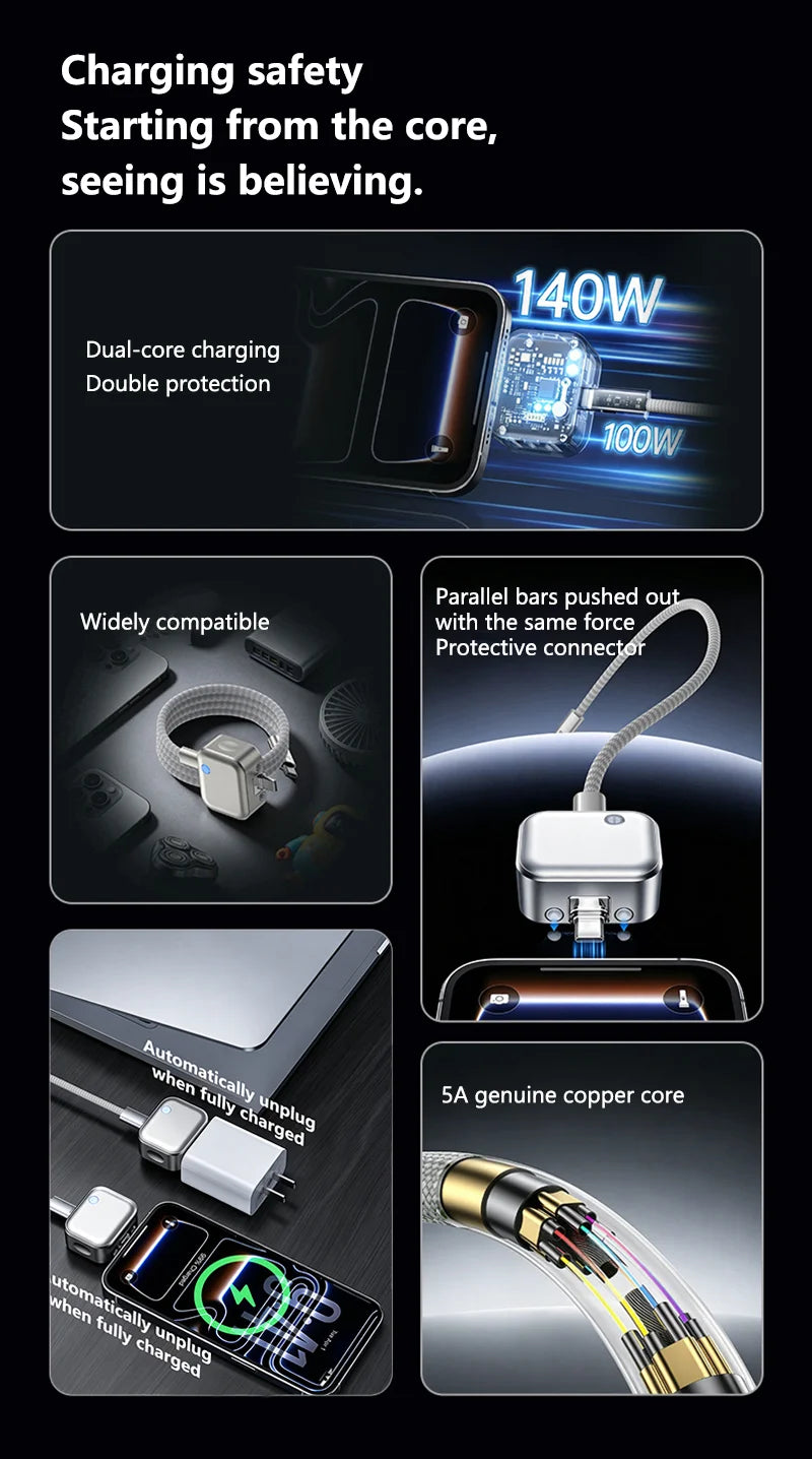 140W USB C Auto Disconnect Charger Adapter For Safe Overnight Charging Smart Auto Stop Charging Full Charge Self-Cut
